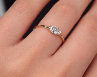 Owalny pierścionek z diamentem hodowanym laboratoryjnie, półobręcz, solidne złoto, cienki, delikatny pierścionek, owalny pierścionek z diamentem o masie 0,50 ct, minimalistyczny prezent ślubny dla niej