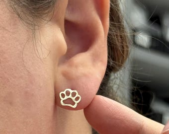 Zierliche Offene Hundepfoten Ohrstecker • 10k 14k Solid Echtgold • Tierliebhaber Minimalistische Ohrringe für Frauen Mädchen
