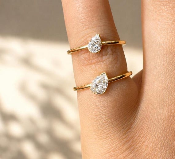 Slanted Pear Lab Grown Diamond Ring- Solid Gold Half Bezel Solitaire Ring- Pinky Ring | Minimalist Statement Ring 14K Gold