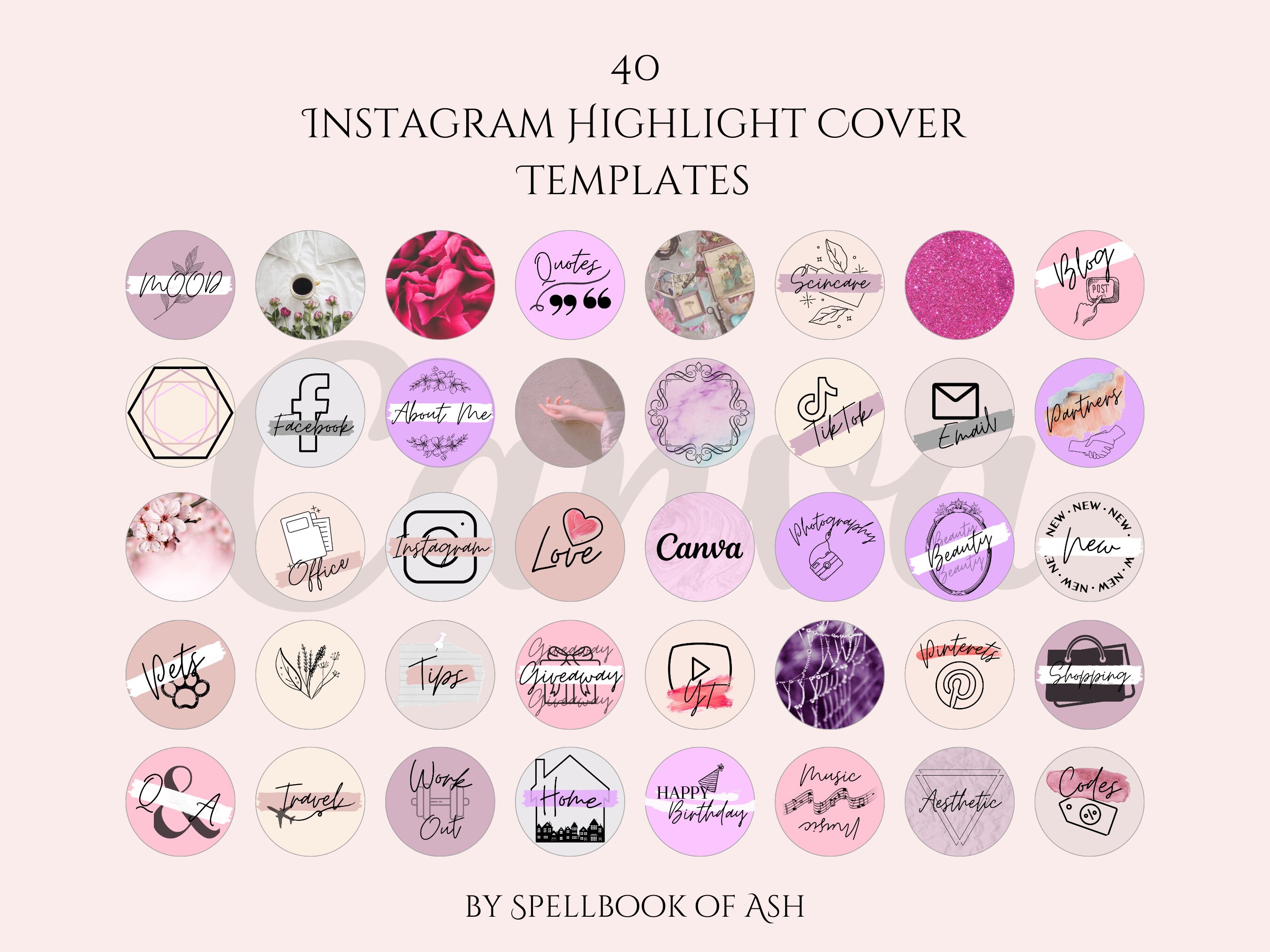 40 Instagram Highlight Cover Templates | Pink Instagram Stories Cover | Aesthetic Highlight Icons | Fully Editable Canva Template