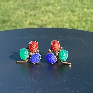 Art Deco Style Vintage Scarab Earrings - Sterling Silver with Green Jade - Screw-back/Clip-On - Unique Design - Gold Filled - 1920s Era