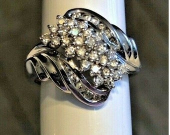 1980s 14K White Gold Diamond Cluster Ring, Celestial Waterfall Design, Size 6 1/4