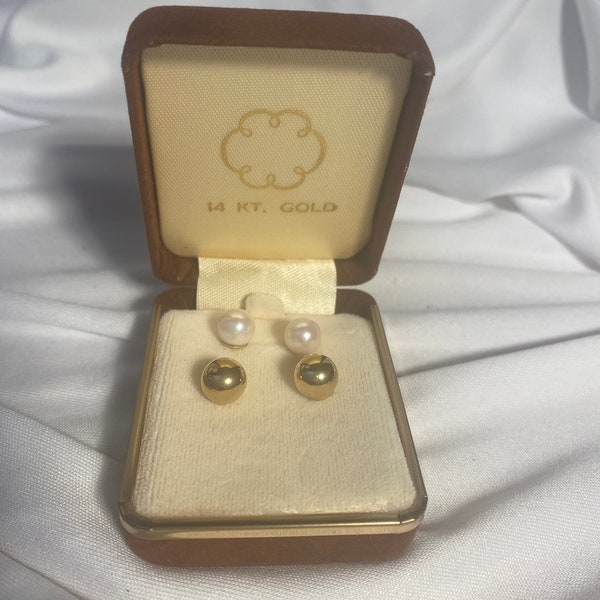 Vintage JC Penney Co 14 Kt Gold Post 8mm Post Earrings & 7mm Pearl Earrings set. New in Box. Beautiful Lustre