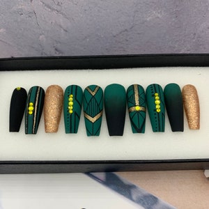 Royal Emeralds Press On Nails | Cute Fake Nails | Glue On Nails | Press On Nails Coffin Luxury  | Fake Nails | Long Fake Nails B162