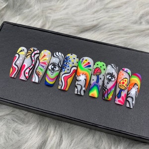 Psychedelic press on nails / hand painted / coffin nails design/Summer press on nails, florescent rainbow nails, nail art press on nails-B82