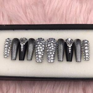 Luxury Press On Nails: Black & Silver Rhinestone Coffin Nails