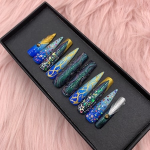 The Mysterious Press On Nails , xxxl coffin nails , press on nails trendy , hand painted nails ,press on nails , long fake nails B128