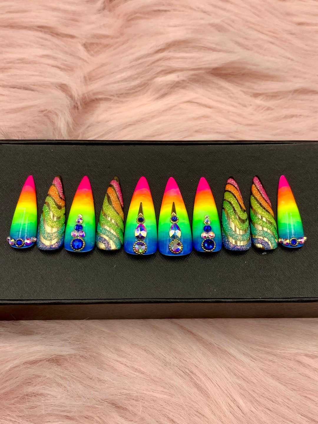 Acrylic Nails Rainbow Press on Nails Luxury Nails Fake Nails Glue on
