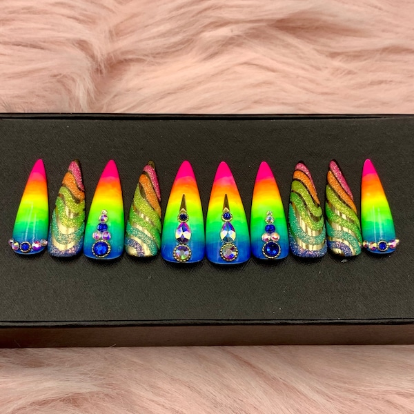 Acrylic Nails Rainbow press On Nails | Luxury Nails | Fake Nails | Glue On Nails | Coffin Nails | Acrylic Nails | Long Fake Nails-B109