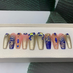 gold mix ombre press on nails coffin/ glue on fake nails luxury handmade / false nails/ long fake nails B25