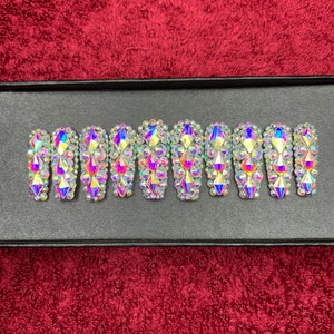 Stunning Swarovski Bling Nails - Bright press on nails, Summer press on nails, florescent rainbow nails, nail art press on nails - B55