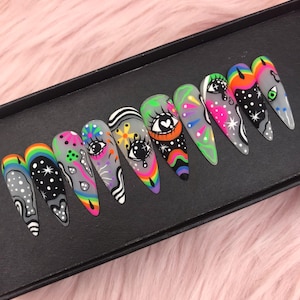 Psychedelic Press On Nails /Hand Painted / Coffin Nail Design / Summer Press On Nails,Fluorescent Rainbow Nails,Nail Art Press On Nails-B279