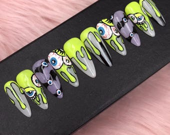Y2K Press On Nails: Luxury Coffin Nails with Monster Design- B272