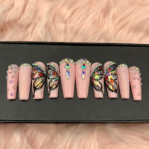 Monarch Butterfly Inspired | Press On Nails / Glue On Nails / Long Fake Nails / COffin Nails / False Nails | Fake Nails  - B98