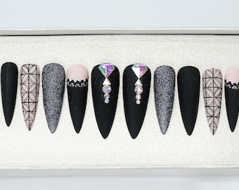 Luxury Black Press On Nails | Rhinestone Coffin Nails