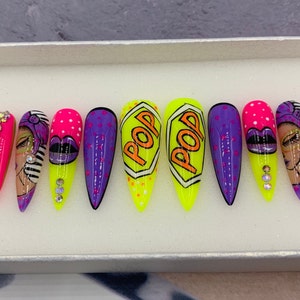 Pop Art Ver 1 Press On Nails | Cute Fake Nails | Glue On Nails | Press On Nails Coffin Luxury  | Fake Nails | Long Fake Nails B159