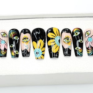 Floral Pastel Black Press On Nails | Abstract Black Glue On Nails | Luxury Nails |Birthday Gift | Fake Nails | False Nails - B71