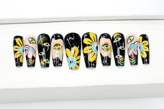 Floral Pastel Black Press On Nails | Abstract Black Glue On Nails | Luxury Nails |Birthday Gift | Fake Nails | False Nails - B71