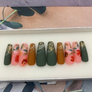 Autumn Nails Set | Cute Fake Nails | Glue On Nails | Press On Nails Coffin Luxury | Press On Nails | Fake Nails | Long Fake Nails B42