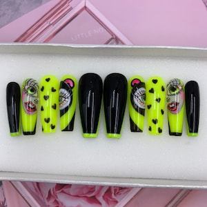 Neon and black Press on Nails - Bright press on nails, Summer press on nails, florescent rainbow nails, nail art press on nails - B53