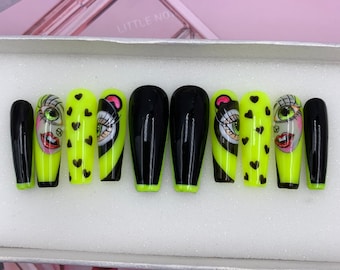 Neon en zwarte Press on Nails - Heldere druk op nagels, Zomerpers op nagels, fluorescerende regenboognagels, nail art pers op nagels - B53