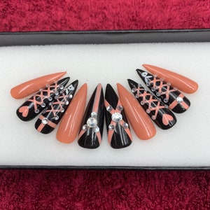 Corset Rhinestone Press On Nails: Long Coffin False Nails- B51