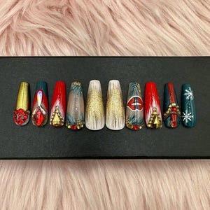 Luxury Christmas Press On Nails: Long Coffin Acrylic Fake Nails-B291