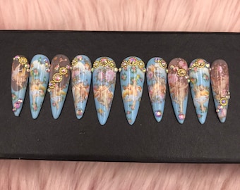 Luxury Coffin Press On Nails: Summer Angel Design, Rhinestone Detail-B147