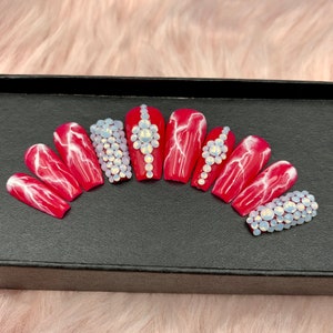 Red Marble velvet press on nails / Press On Nails / Glue On Nails / Long Fake Nails  / False Nails / Coffin Nails / Fake Nails- B96