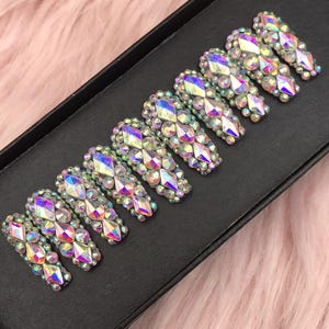Stunning Swarovski Bling Nails - Bright press on nails, Summer press on nails, florescent rainbow nails, nail art press on nails - B55