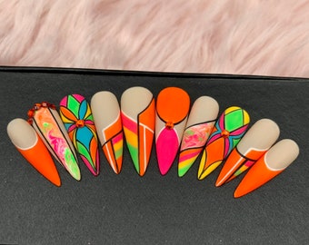 Neon Orange Nails Art | Fake Nails | Glue On Nails | Press On Nails Coffin Luxury | Press On Nails | Fake Nails | Long Fake Nails - B97