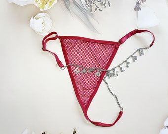 Custom see throgh thong, string de chaîne de nom personnalisé, sous-vêtements doux fesses, sous-vêtements sexy, culotte à taille nommée, cadeau pour elle