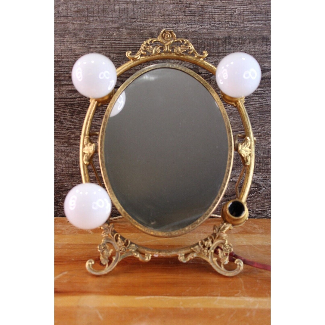 VTG Ornate 2 Sided Victorian Vanity Mirror Glass Gold Floral Light Up ...