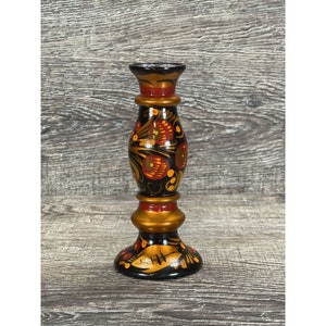 Vintage Hand Painted Russian Lacquer  Wooden Candle Holder 6”