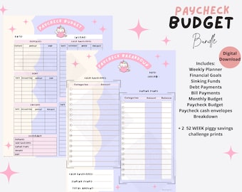 Paycheck Budget PDF Paycheck Budget Bundle cute unicorn theme paycheck breakdown Digital budget planner paycheck budgetvcash envelope saving