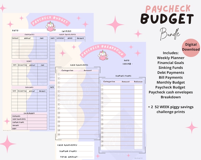 Paycheck Budget PDF Paycheck Budget Bundle cute unicorn theme paycheck breakdown Digital budget planner paycheck budgetvcash envelope saving