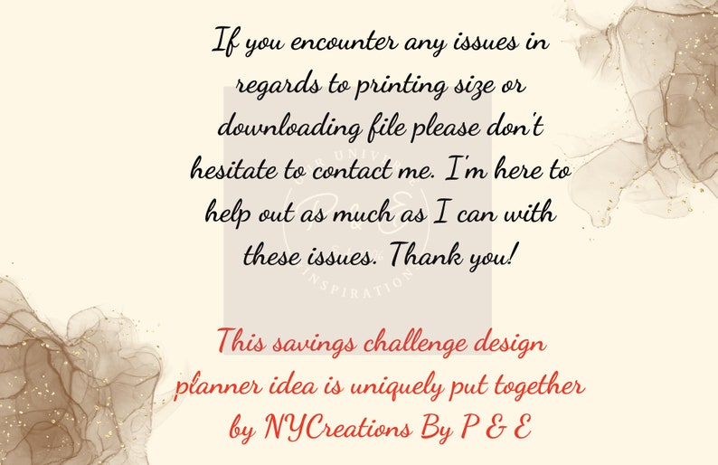 May include: A digital planner design with a brown and gold abstract background. The text reads "This savings challenge design planner idea is uniquely put together by NYCreations By P & E".