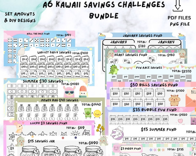 a6 savings challenge a6 savings challenge printable bundle a6 kawaii savings challenge 6 savings trackera 6 savings challenge binder savings