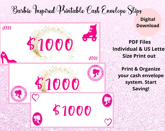 1k slips 1k placement slips 1k Barbie theme inspired slips cash envelopes a6 binder envelopes fully funded slips fully funded printable