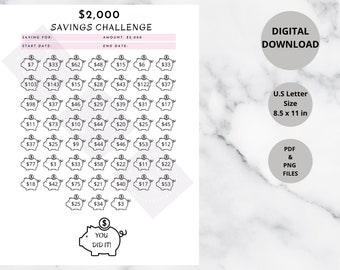 2k saving challenge piggy savings challenge 52 weeks challenge emergency fund printable savings goal printable savings challenge printable