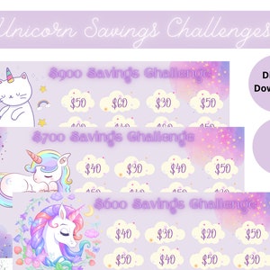 May include: Three printable savings challenge charts featuring a unicorn and a cat. The charts are designed to help people save money. The charts are labelled with the amounts to save each week, &pound;900, &pound;700, and &pound;600. The charts have a purple and pink background with stars and rainbows.