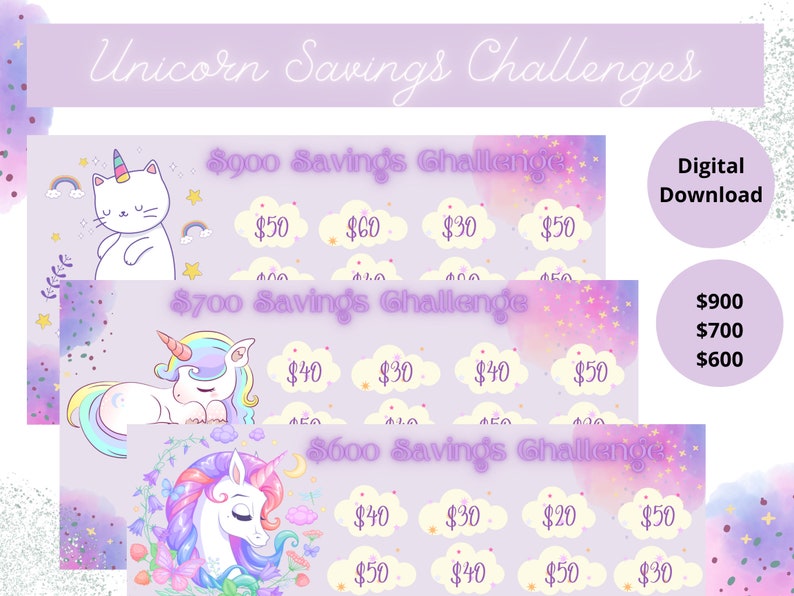May include: Three printable savings challenge charts featuring a unicorn and a cat. The charts are designed to help people save money. The charts are labelled with the amounts to save each week, &pound;900, &pound;700, and &pound;600. The charts have a purple and pink background with stars and rainbows.
