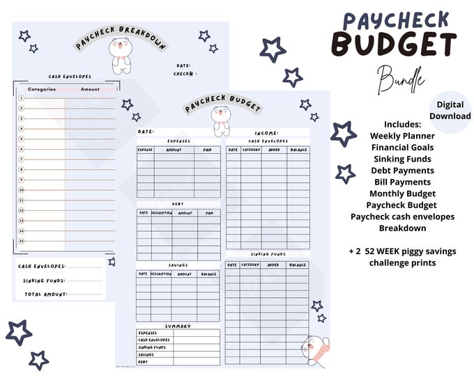Paycheck Budget Printable PDF Paycheck Budget Bundle cute Bear  theme paycheck breakdown Digital budget planner paycheck budget