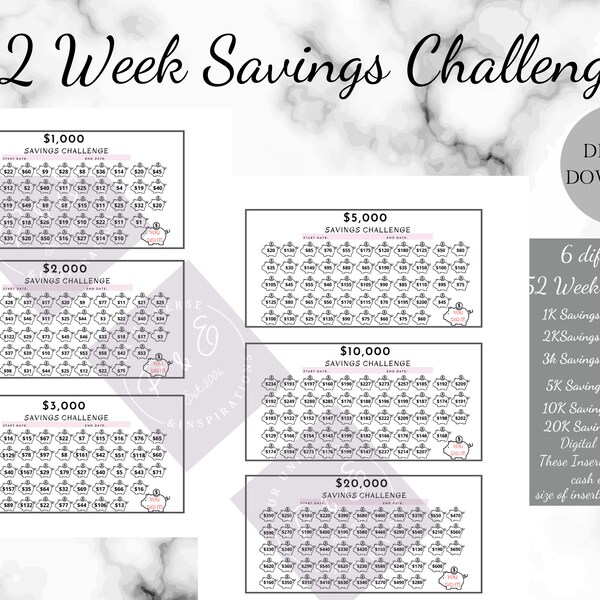 52 week savings challenge envelope cash envelope inserts savings challenge printable savings challenge bundle A6 A5 cash envelope inserts