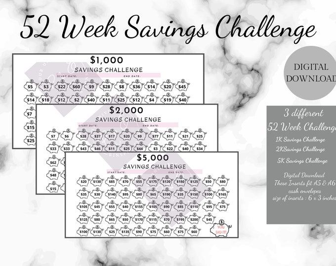 52 week savings challenge envelope cash envelope inserts savings challenge printable savings challenge bundle 2k 1k savings challenge