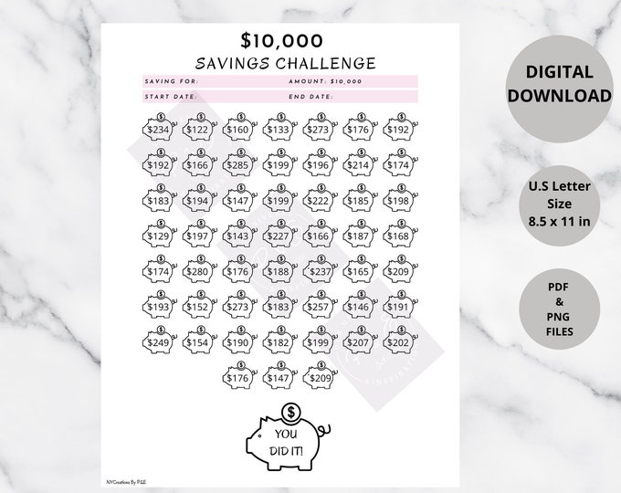10000 savings challenge, 10,000 piggy saving challenge, Emergency Fund tracker,10k savings tracker, 10k savings challenge,10k savings