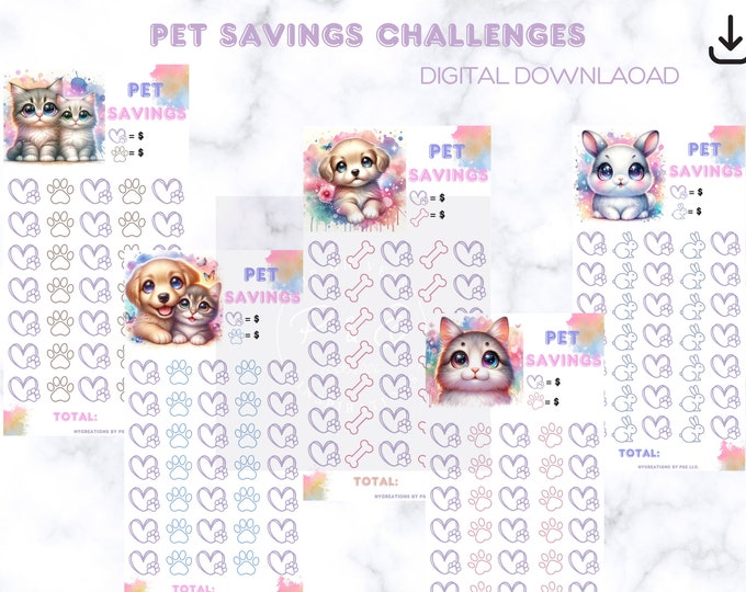pet savings challenge, pet savings digital trackers, Adorable Pet Savings Tracker - Printable PDFs, a6 pet savings challenge