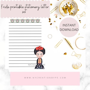 May include: Printable stationery letter set featuring a colorful illustration of Frida Kahlo with a floral headband. The paper has a black and white striped border and a floral design at the top. The text "INSTANT DOWNLOAD" is visible in the image.
