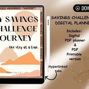 May include: A digital planner for a savings challenge. The cover features a stylized image of mountains and the text "My Savings Challenge Journey, one step at a time".