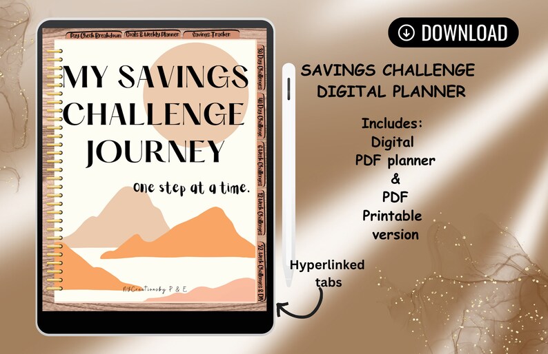 May include: A digital planner for a savings challenge. The cover features a stylized image of mountains and the text "My Savings Challenge Journey, one step at a time".